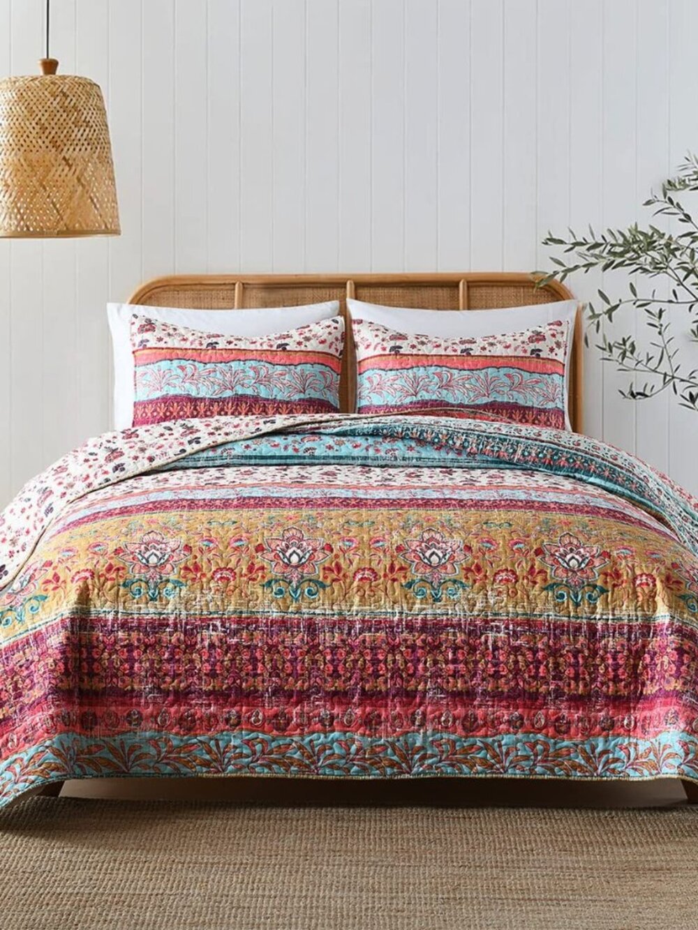 Boho Style Queen Quilt Set Reversible Bohemian Floral Strip Quilt Beddding Set
